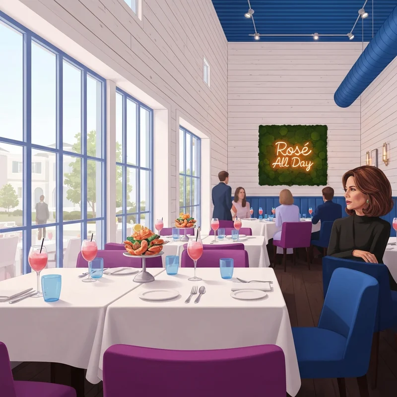 The aesthetic coastal-themed dining room of Hampton Social Burr Ridge featuring nautical decor and a Rosé All Day sign.