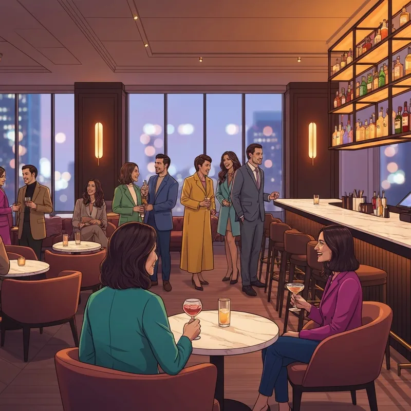 The vibrant interior of a social bar and lounge nyc featuring chic lighting, a modern cocktail bar, and a crowd of young professionals networking in Manhattan.