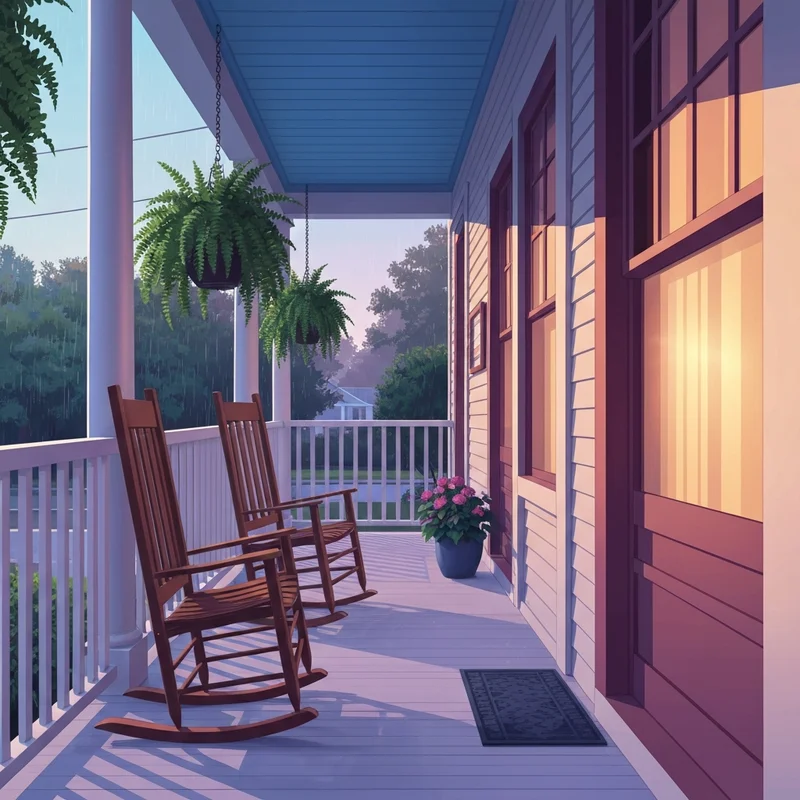 A serene view of a historic Georgia porch during a light rain shower, emphasizing weather social circle ga ambiance.