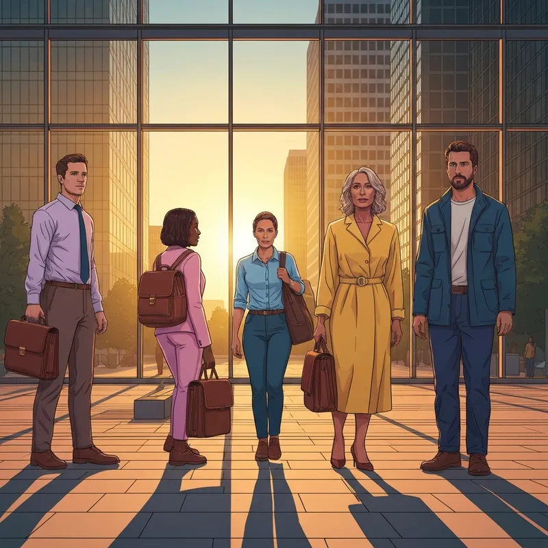 A visual representation of social classes in united states showing a diverse group of people navigating a modern urban landscape with symbolic markers of economic tiers.