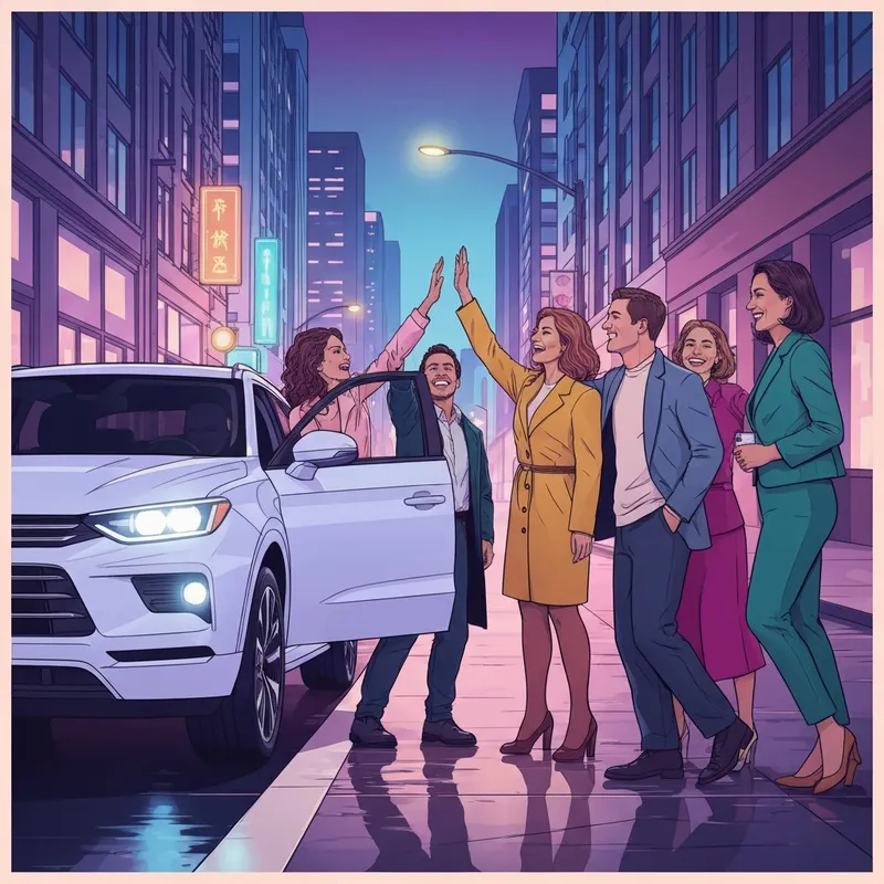 A group of young adults laughing and safely entering a rideshare vehicle at night, emphasizing if you drink alcohol socially what helps ensure safe driving.