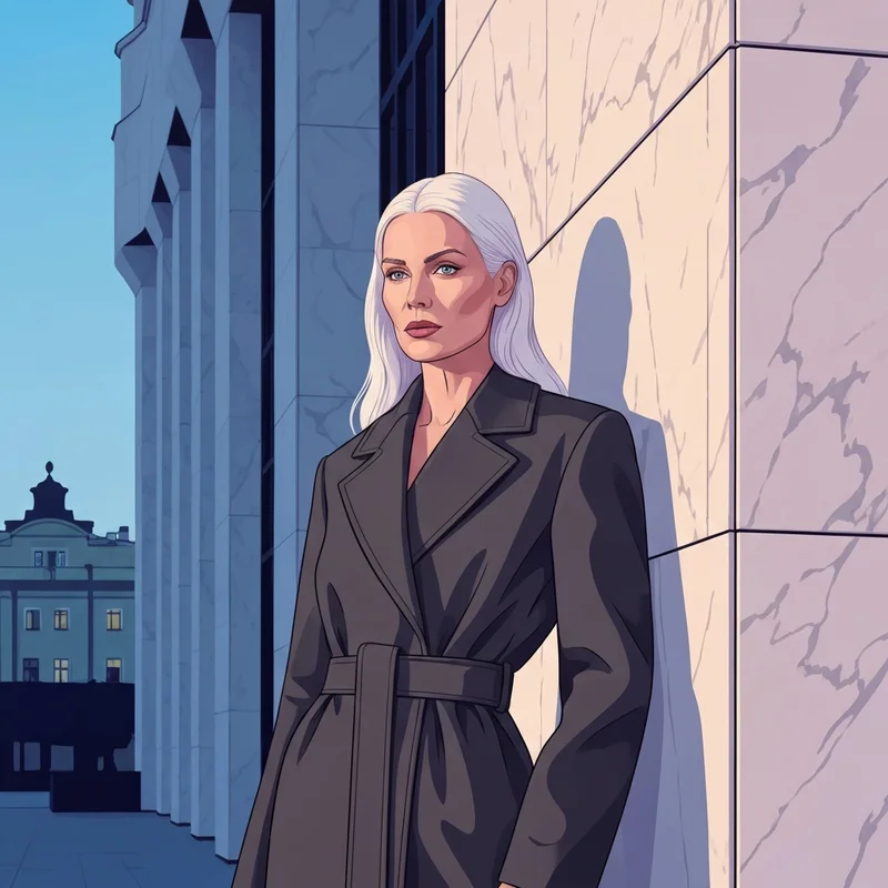 A high-fashion blonde social media girl russian aesthetic with platinum hair and minimalist luxury styling.