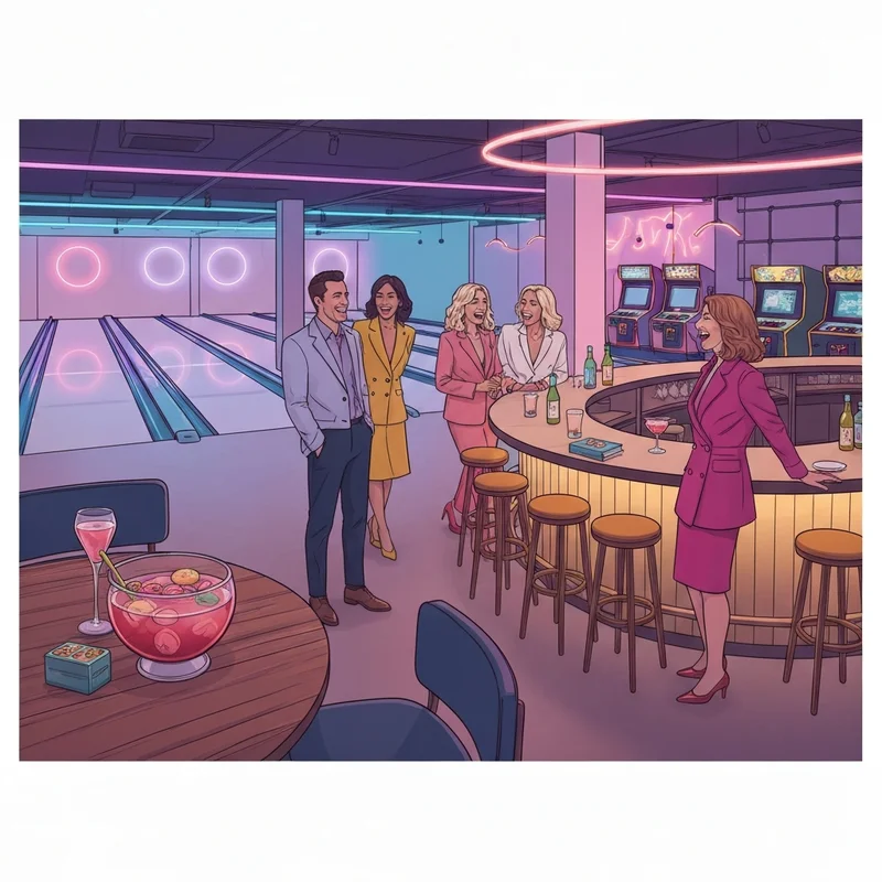 A vibrant group of friends laughing and bowling at Punch Bowl Social Denver, highlighting the modern 'eatertainment' vibe.