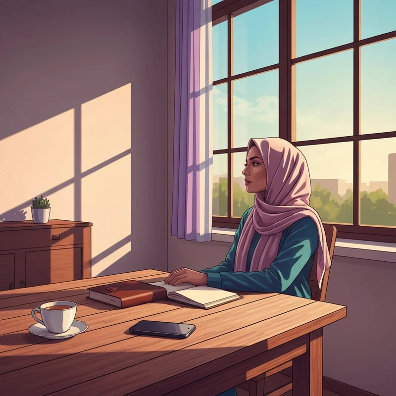 A serene young woman sitting by a window in a mindful state, a smartphone placed face-down on a wooden table, symbolizing the dangers of social media seekersguidance and spiritual focus.