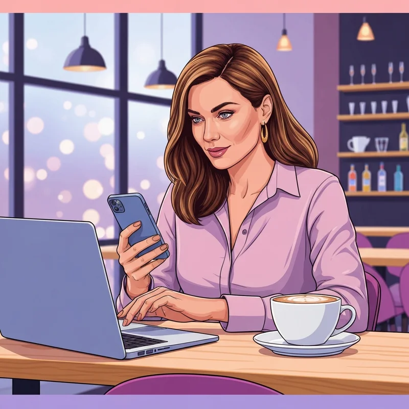 A young woman using social in spanish while typing on her phone in a vibrant cafe