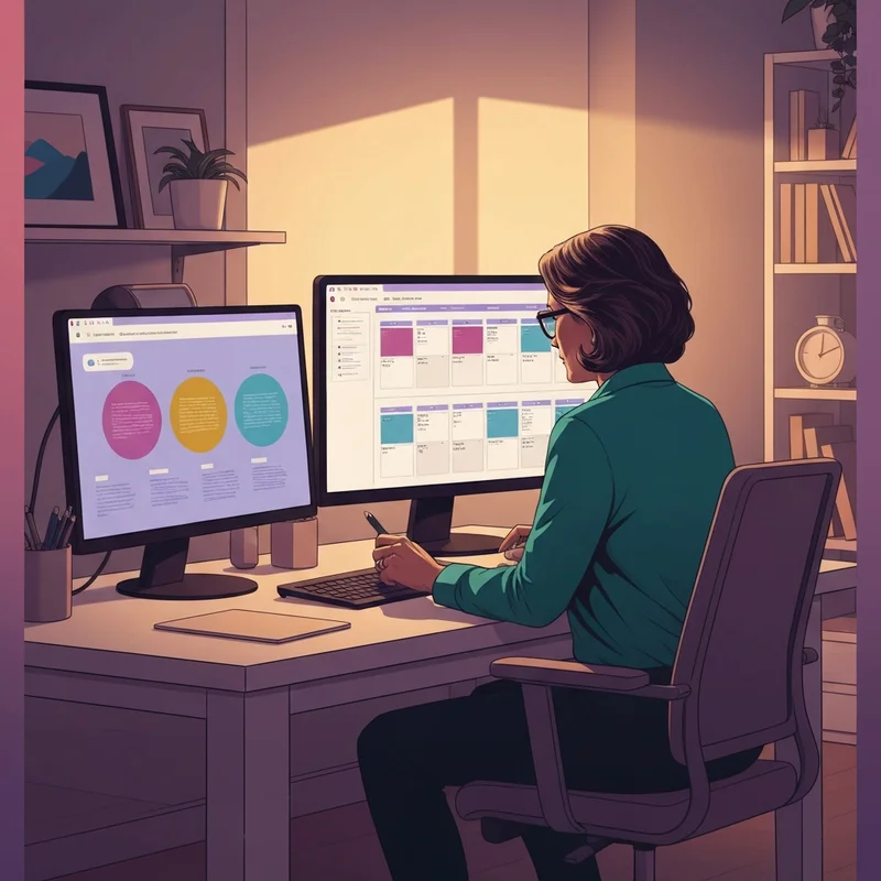 Una mujer joven profesional organizando un calendario de manejo de redes sociales en una oficina moderna y luminosa con luz cinematográfica