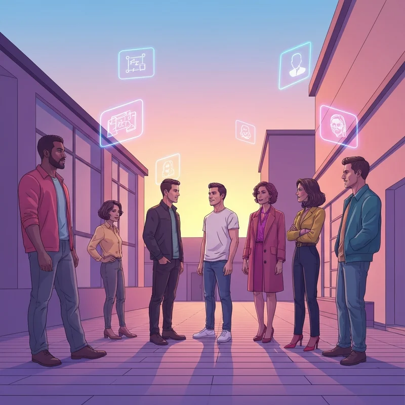 A diverse group of young adults in a modern city setting, looking at glowing digital symbols of social theory representing connectivity and power.