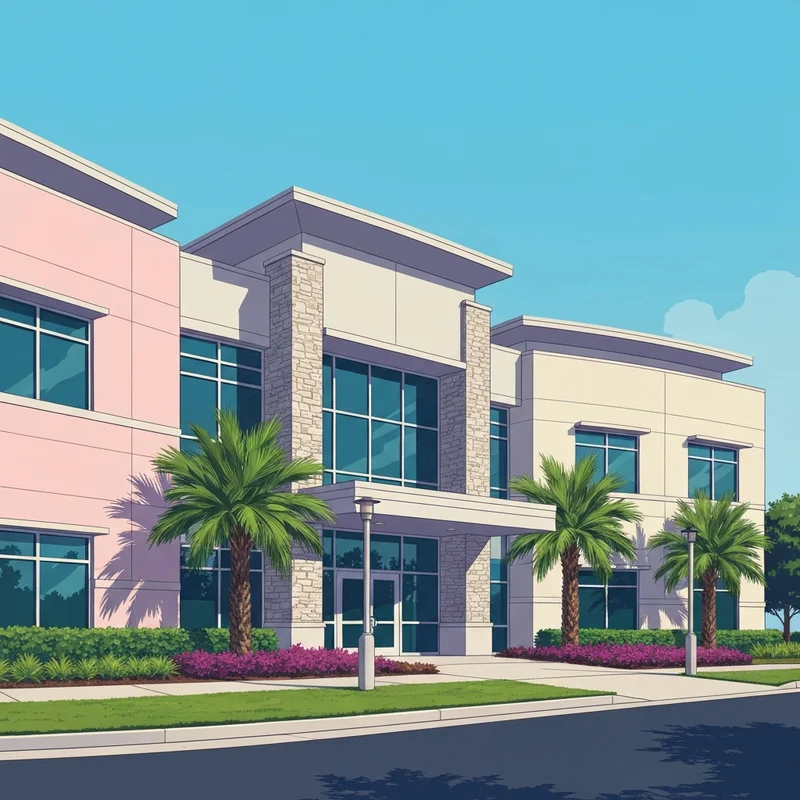 The modern glass and stone exterior of the social security office lakeland building on Commerce Dr, surrounded by palm trees under a clear Florida sky.