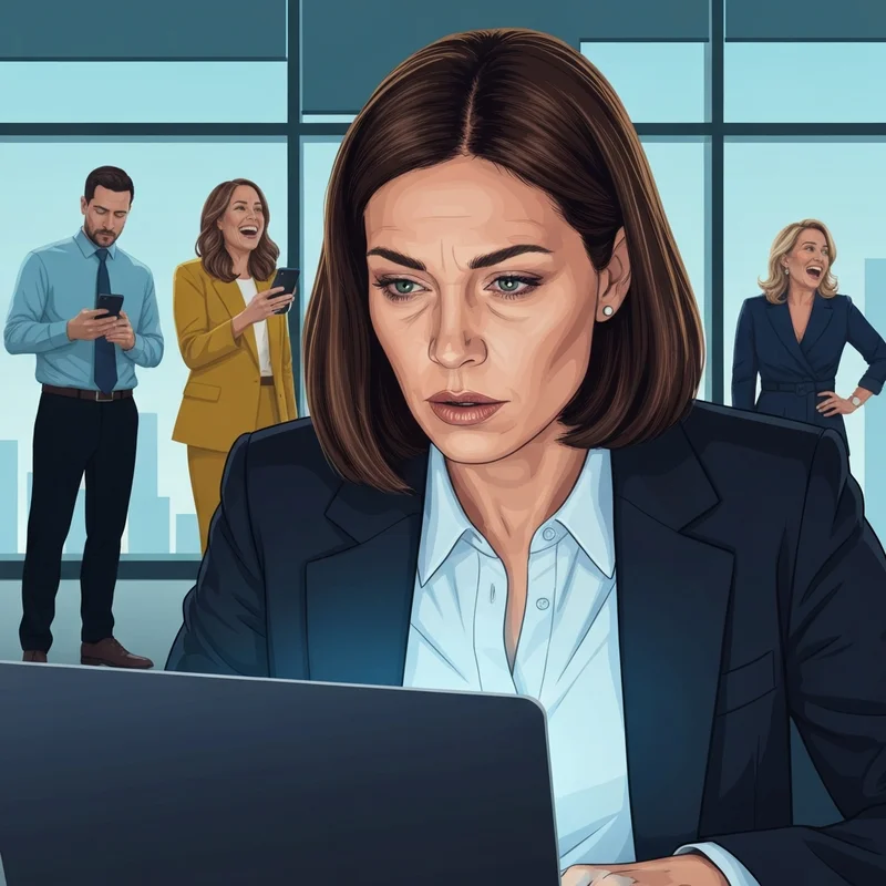 A frustrated professional woman working on a laptop while her team members in the background appear blurred and disengaged, illustrating what is social loafing.