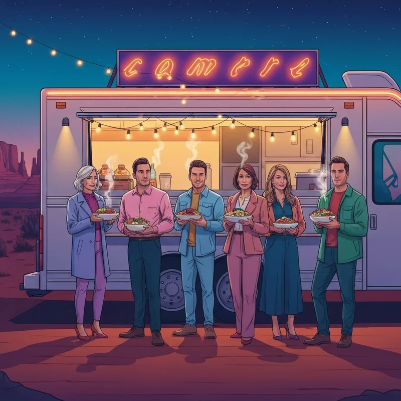 A vibrant food truck serving sedona social eatery indian mediterranean fusion dishes under the Arizona desert stars.