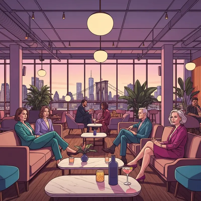 The sophisticated interior of a Brooklyn social club with modern decor and a view of the Manhattan skyline.