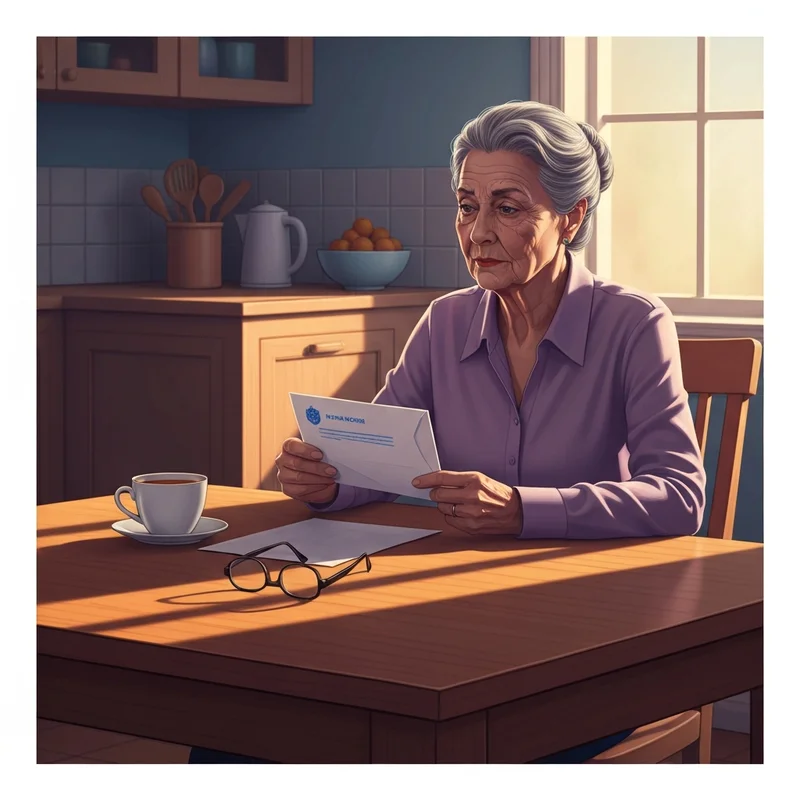 A concerned elderly woman looking at a Social Security administration debt collection notice at her kitchen table, cinematic lighting, 8k.