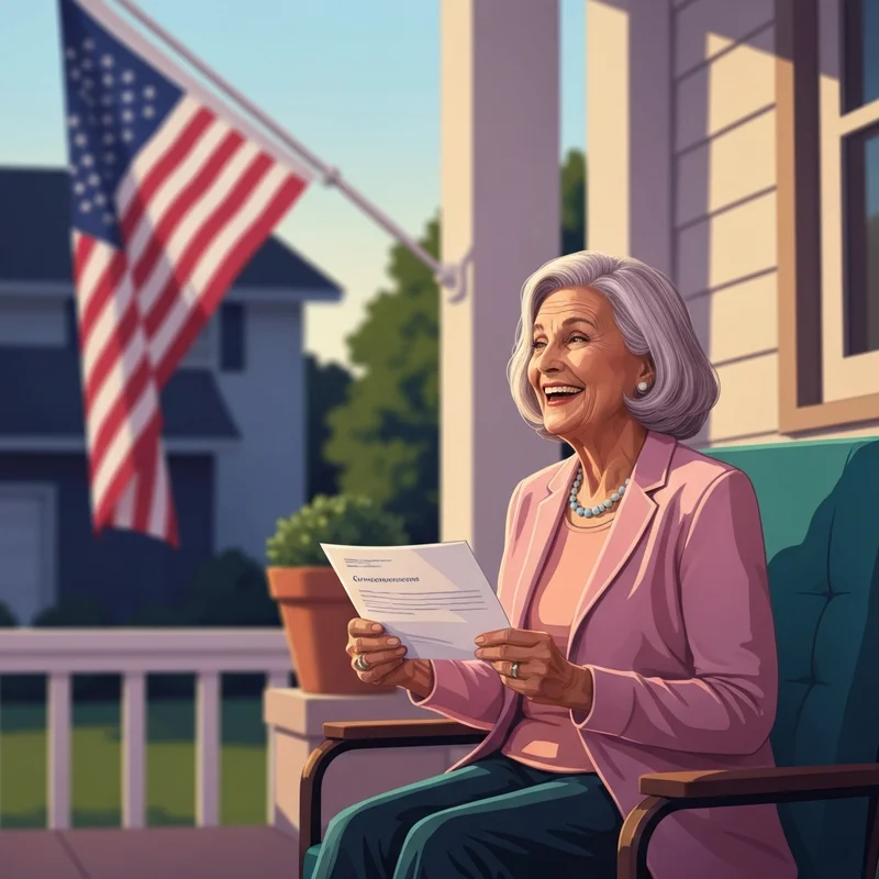 A retired teacher smiling while reviewing her Social Security statement after the signing of the Social Security Fairness Act.
