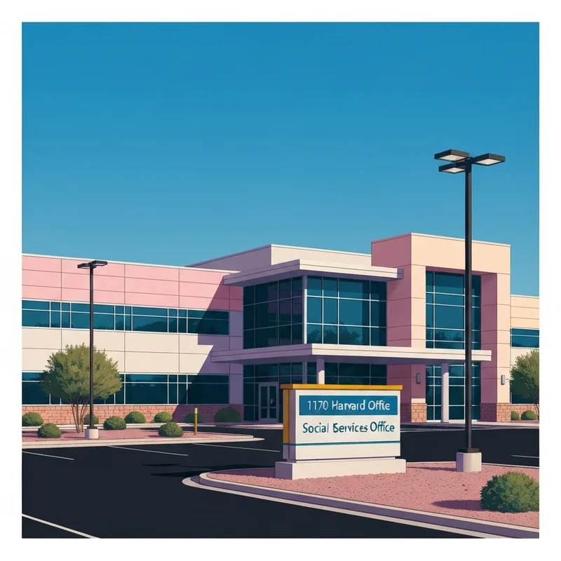 The exterior of a modern government building representing the Social Security Reno office on Harvard Way.