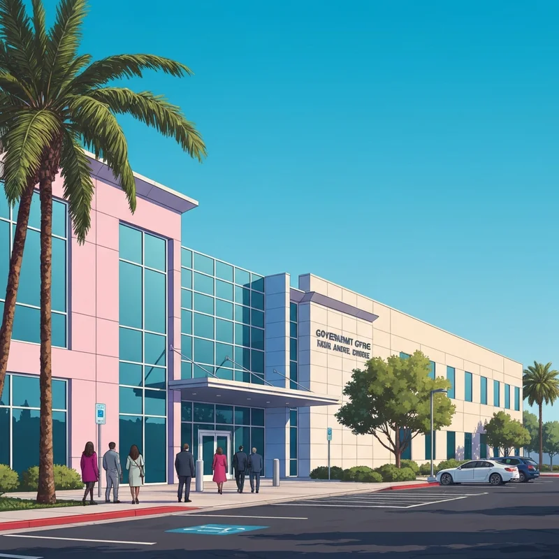 The front entrance of the county of orange social services agency - anaheim regional center building on a sunny day.