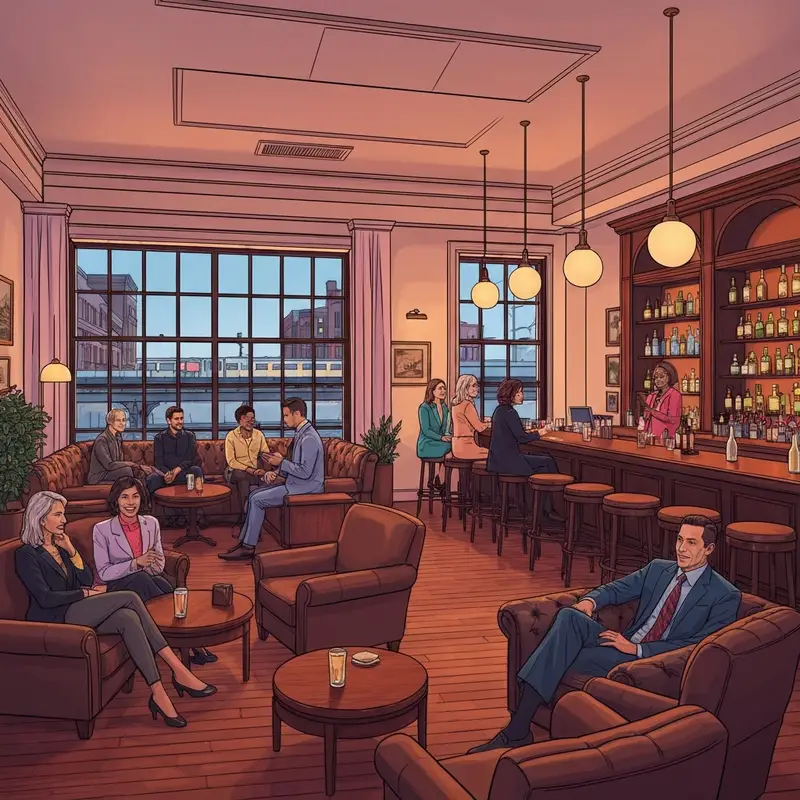 The cozy interior of Rogers Park Social bar featuring leather couches and vintage industrial decor.