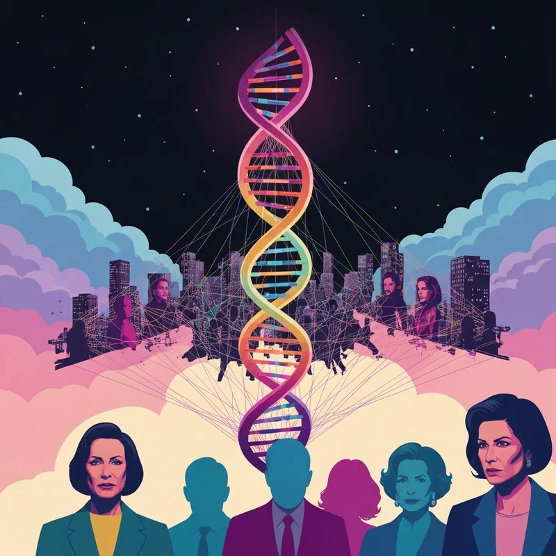 A conceptual artistic representation of the phrase race is a social construct showing a DNA helix transforming into a map of social connections.