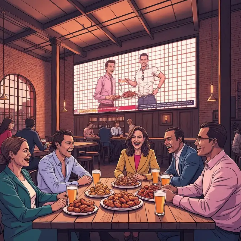 A high-energy industrial sports bar interior representing the Fieldhouse Social vibe with massive LED screens and craft beer taps.