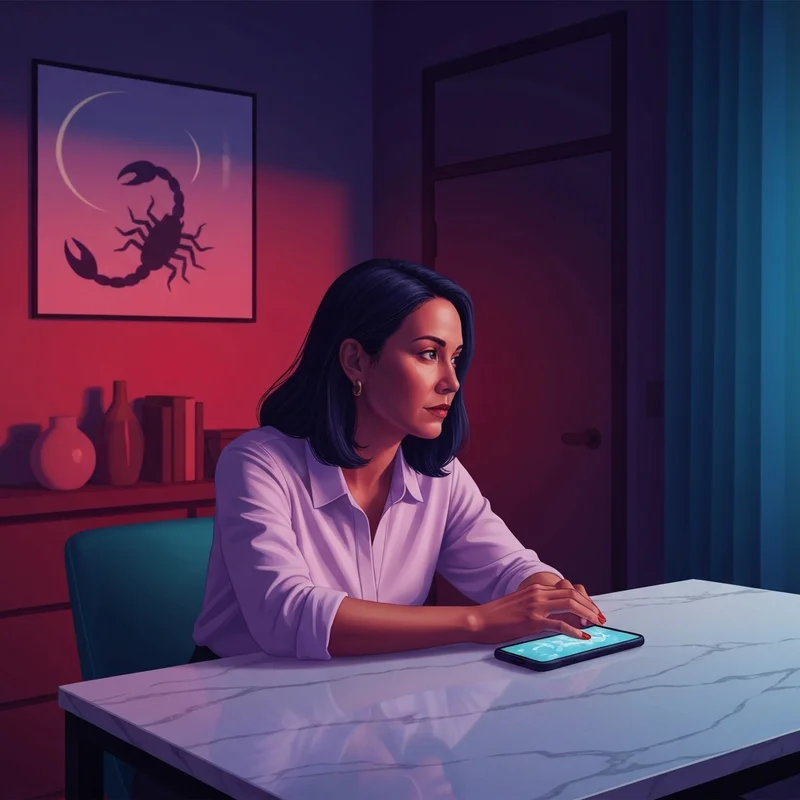 A woman looking at her phone in a dark room with a glowing blue light, representing the no contact rule with scorpio man.
