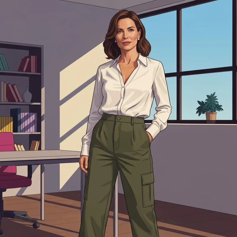 A woman wearing stylish social standard by sanctuary cargo pants in a modern urban setting, highlighting the smart casual aesthetic.