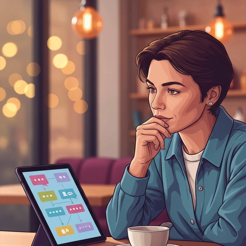 A young adult in a modern cafe setting practicing social scripts on a digital tablet, illustrating social skills training for asperger's syndrome.