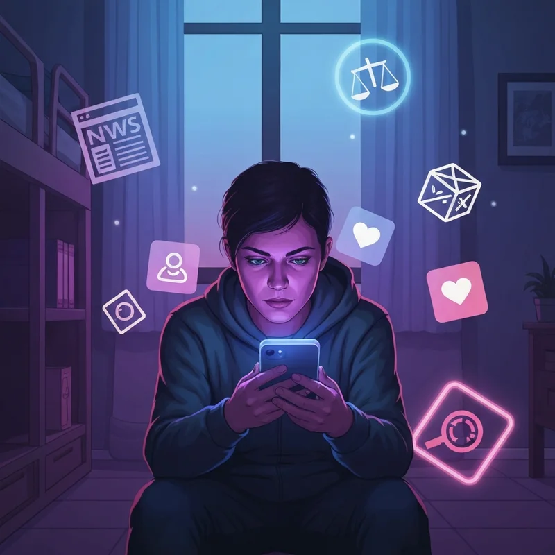 A young person looking at a glowing smartphone screen reflecting multiple political icons and data streams, illustrating current examples of political socialization.