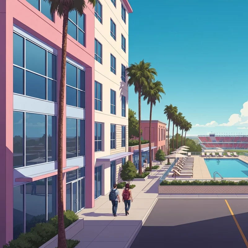 The modern exterior and rooftop pool area of Social 28 student housing in Gainesville, Florida, near the UF campus.