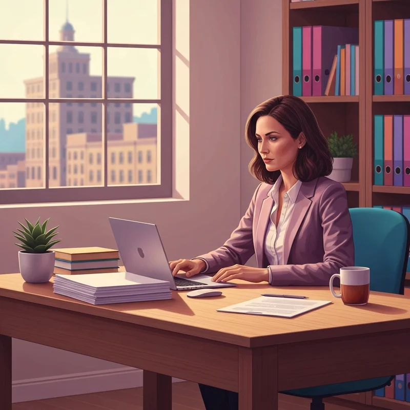 A professional social worker reviewing documents from the wv board of social work in a modern office.