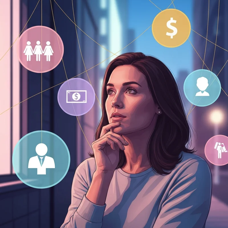 A young woman standing in a futuristic city looking at glowing data points representing factors of social and community influence.