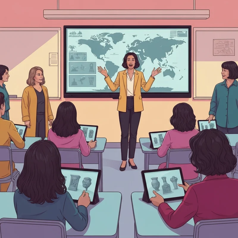 A modern classroom setting showing a teacher using teacher apps for social studies on a tablet to engage diverse students in an interactive history lesson.