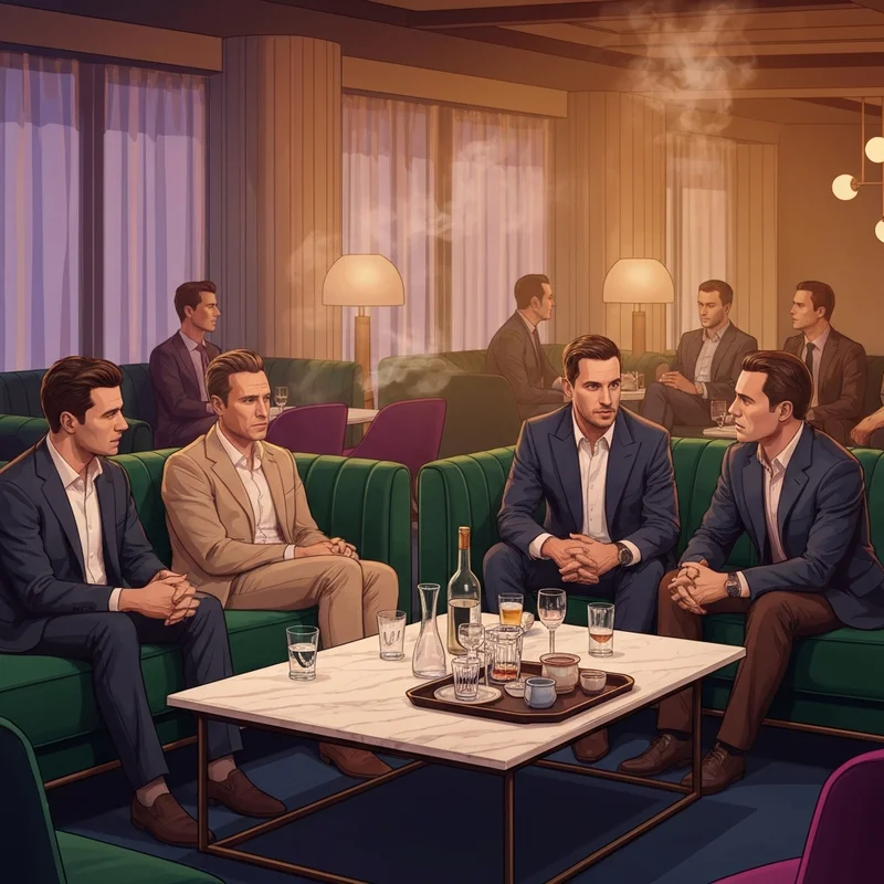 A sophisticated, dimly lit social cannabis lounge with velvet seating, professionals talking, and a curated menu of herbal products.