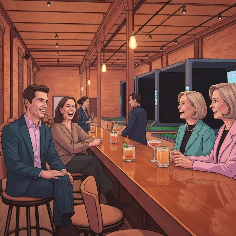 The upscale interior of Millstone Social Richmond KY featuring a modern lounge area and golf simulator bays.