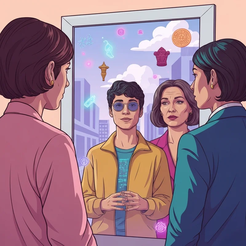 A young person standing at the intersection of a traditional neon-lit street and a digital holographic landscape, representing the social & cultural blend of modern identity.