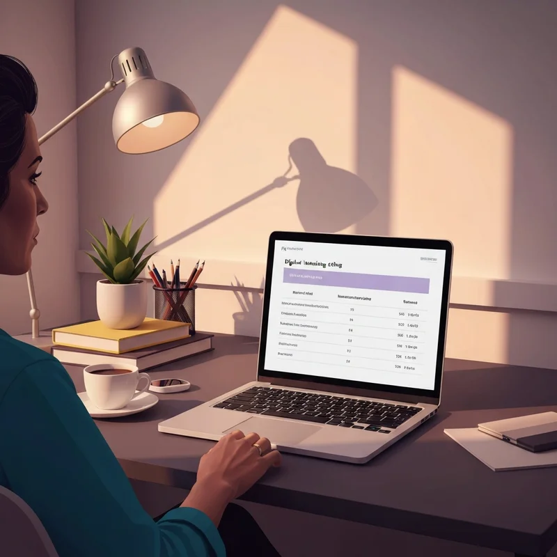 A modern, aesthetic home office setup showing a laptop with social media packages comparison charts on the screen, surrounded by professional branding tools.