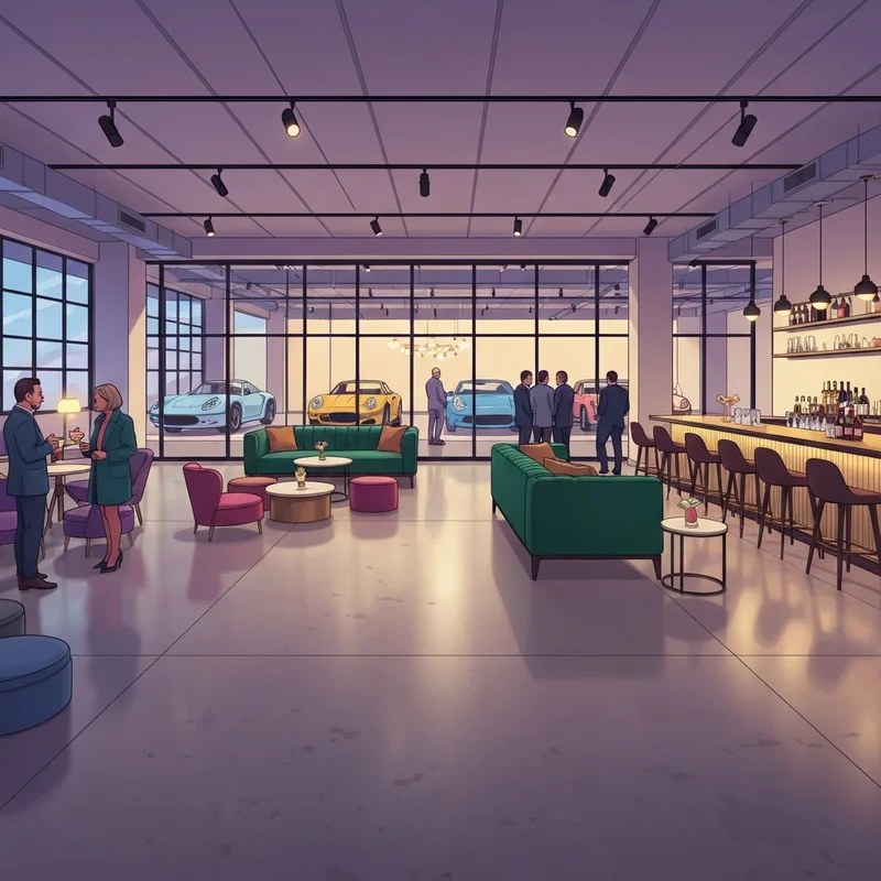 A high-aesthetic social club interior featuring luxury car storage and a craft cocktail lounge, representing the Park Social lifestyle.