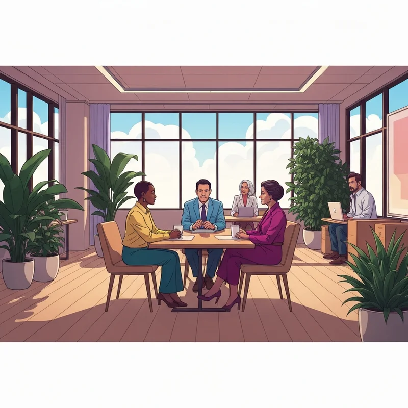 A modern, bright office space with diverse professionals collaborating, representing sprout social careers and tech culture.