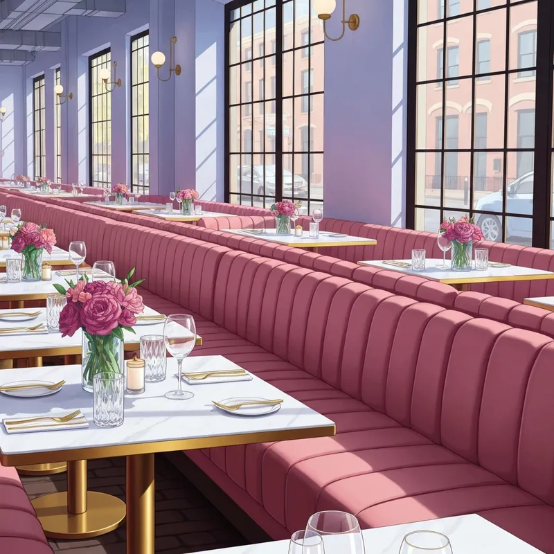The elegant pink and marble interior of Champers Social Club in SoHo, featuring velvet seating and champagne coupes on a bar.