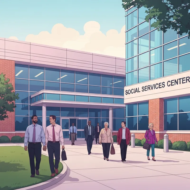 The exterior of a professional government building representing the Suffolk County Department of Social Services Hauppauge office with clear signage and a calm atmosphere.