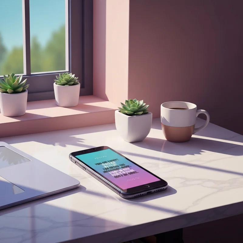 A collection of aesthetic social media quotes displayed on a smartphone screen with soft lighting and a laptop in the background.