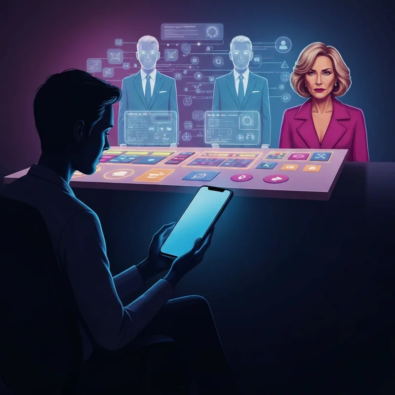 A visual representation of the social dilemma cast and the personified algorithm controlling human attention.