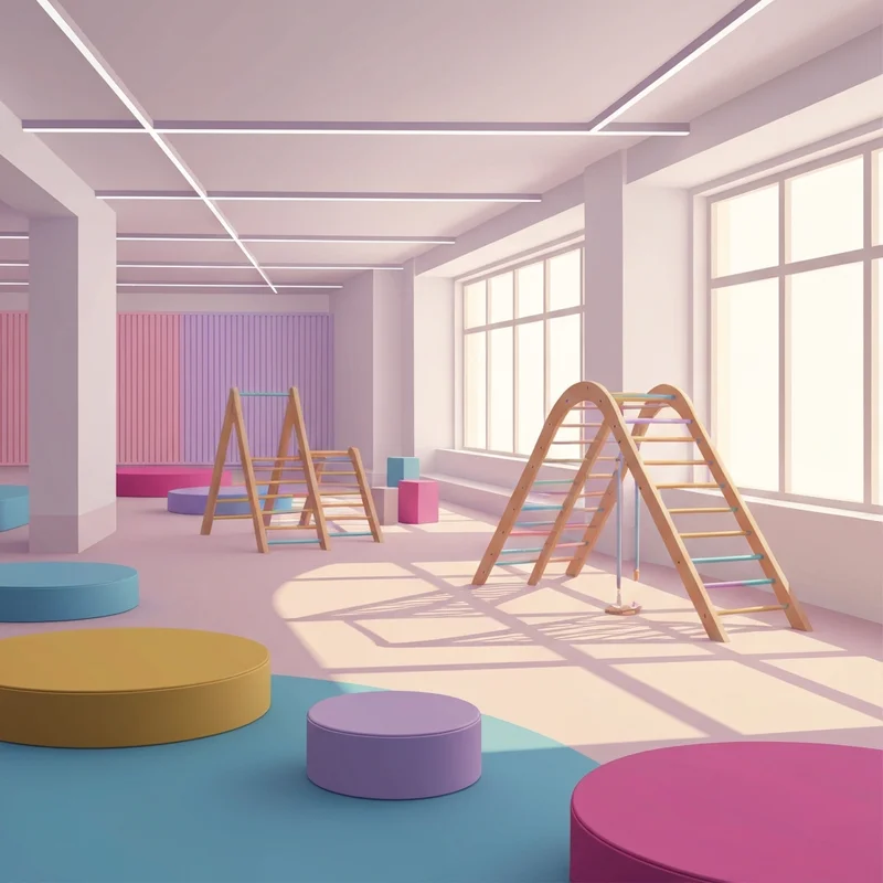 A modern and clean indoor play area featuring wooden climbing structures and sensory bins at the children's social club.