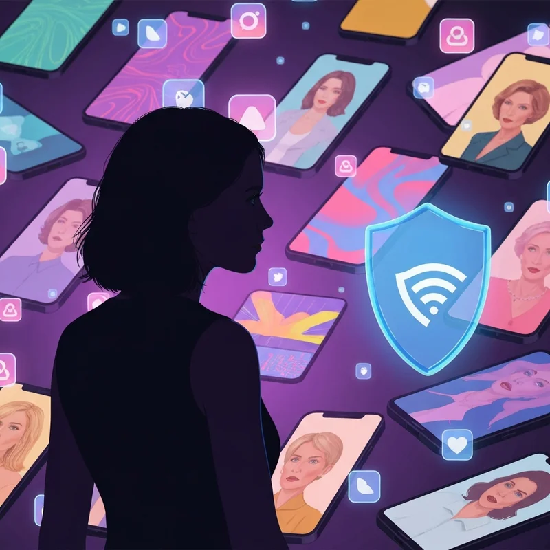 A stylized, cinematic digital illustration representing the complex world of social media girls porn and influencer culture, featuring glowing digital screens and abstract privacy shields.