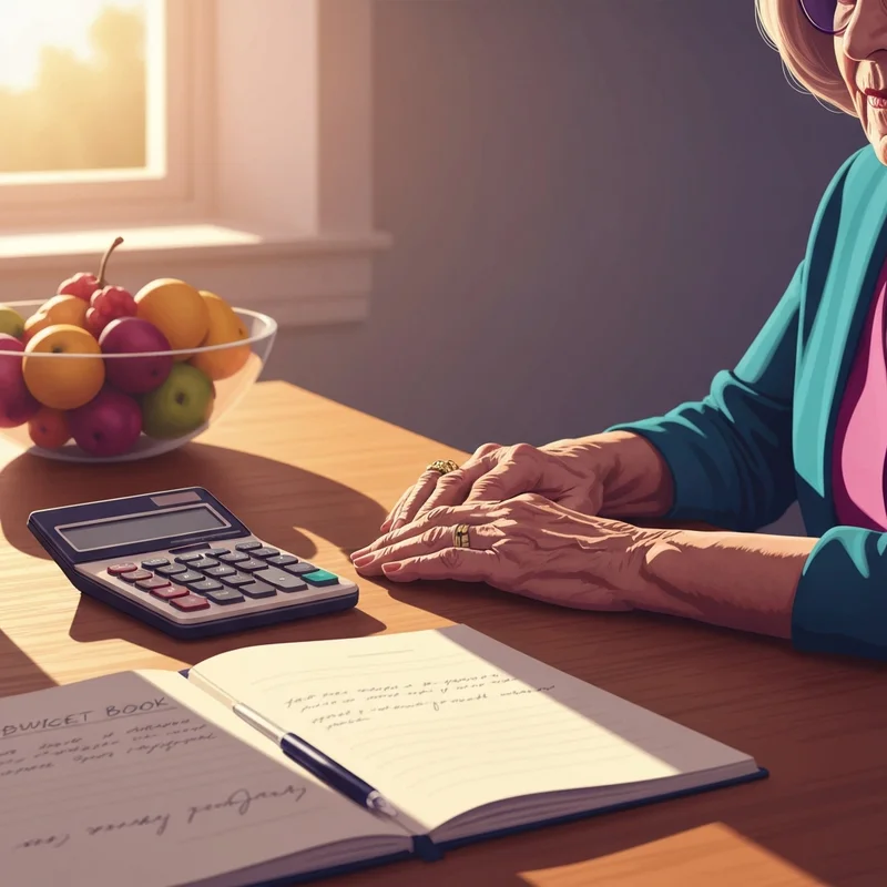 A close up of a senior person's hands holding a calculator and a financial ledger, illustrating the 2026 social security cola forecast planning.