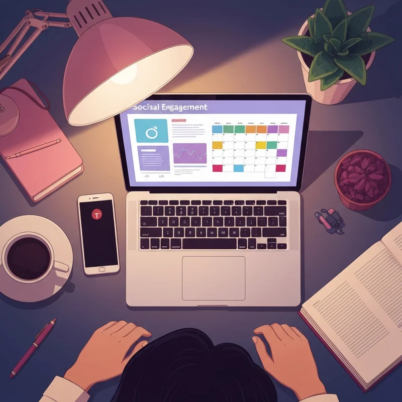 A modern professional workspace with multiple screens showing social media coordinator analytics and a content calendar.