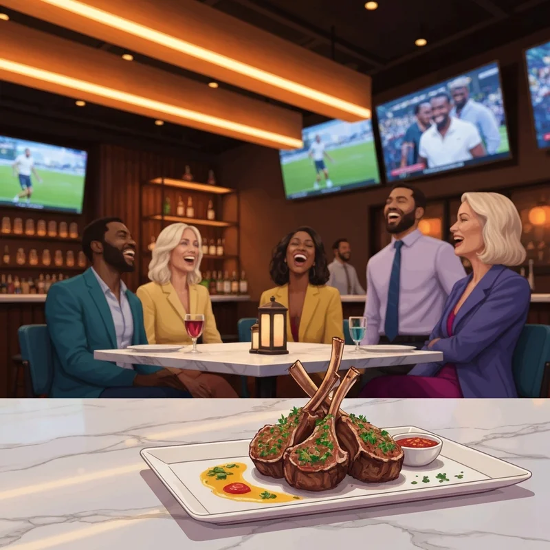 The vibrant interior of Pure Social Bar & Grill featuring modern lighting, Southern-fusion lamb chops, and a high-energy sports bar atmosphere.