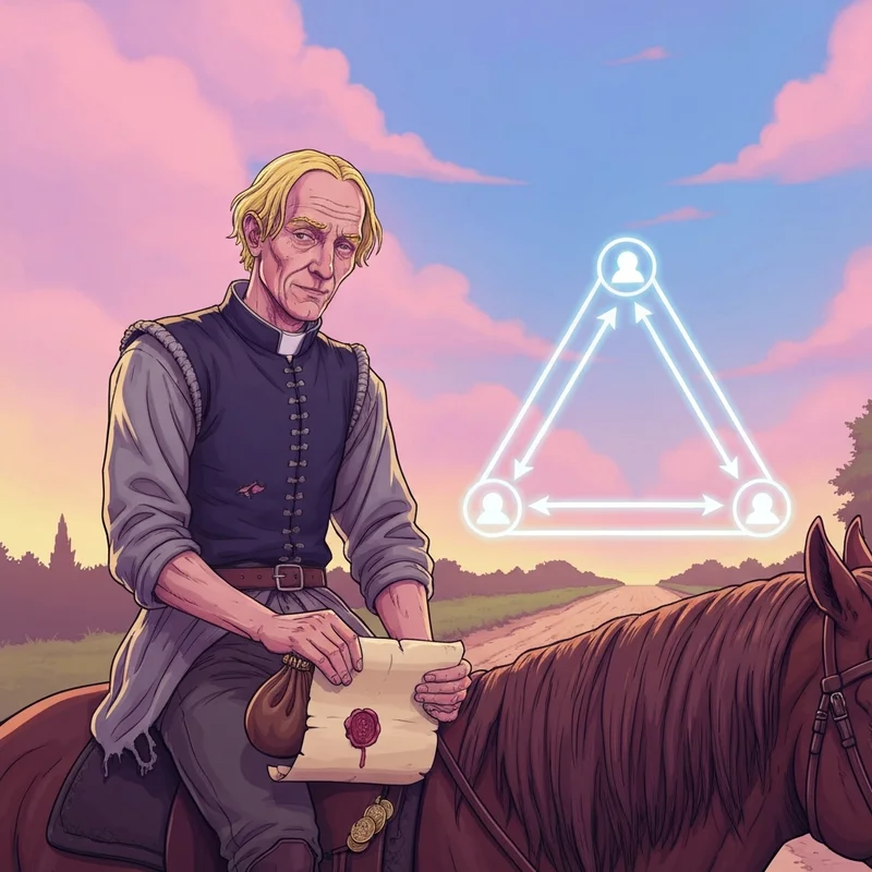 A medieval figure with long yellow hair holding a scroll and a wallet, representing the pardoner social status on the feudal triangle.