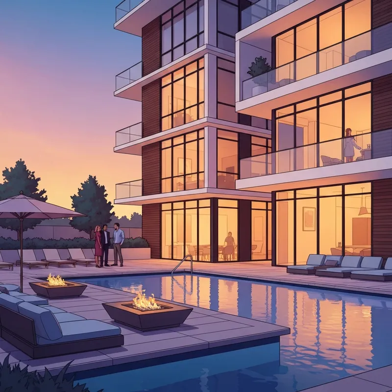 The modern exterior and social lounge area of 444 Social luxury apartments in Lincolnshire, Illinois.