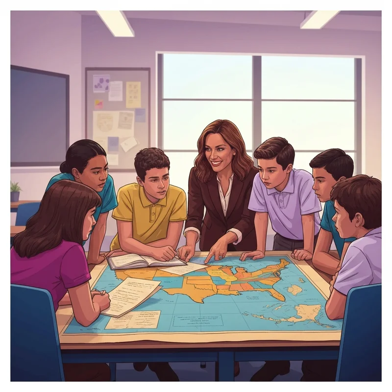 A diverse classroom setting in Ohio with students engaged in a social studies project using maps and primary source documents, reflecting the ohio social studies standards.