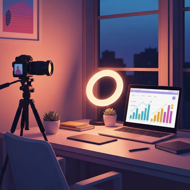 A professional creator setup with a camera, ring light, and a laptop showing a rising revenue chart, representing which social media platform pays the most.