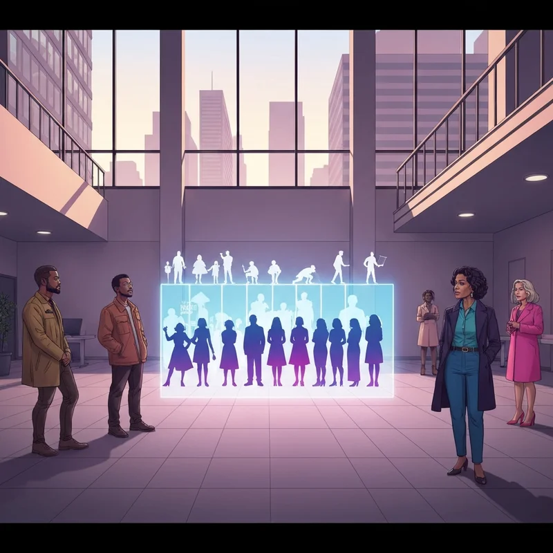 A diverse group of young activists in a modern setting looking at a digital timeline of the history of america's social movements.